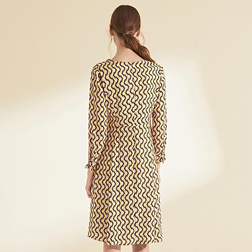 EITIE爱特爱女装初拼色长袖收腰显瘦优雅印花连衣裙6007707 商品图3