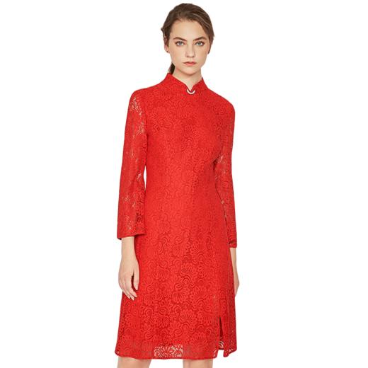 EITIE爱特爱女装秋季新钉珠开叉茶卡盐湖红色修身蕾丝连衣裙C1907304 商品图6