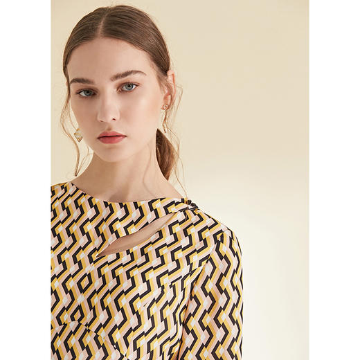 EITIE爱特爱女装初拼色长袖收腰显瘦优雅印花连衣裙6007707 商品图2