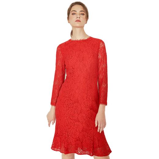 EITIE爱特爱女装秋季新大红色花边领口修身荷叶边蕾丝连衣裙C1907308 商品图4