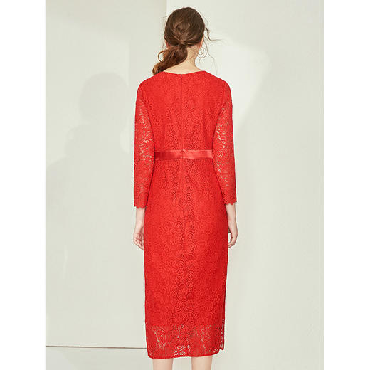 EITIE爱特爱秋季九分袖收腰蕾丝茶卡盐湖红色礼服连衣裙中长C1907306 商品图5