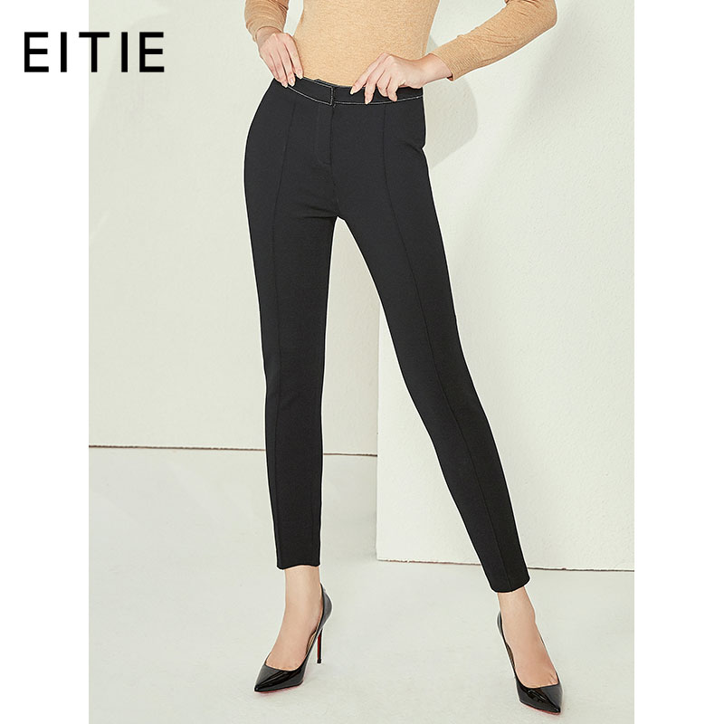 EITIE爱特爱女装新款黑色高腰修身显瘦运动休闲小脚裤长D1905315