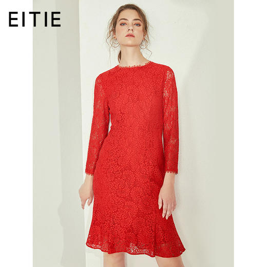 EITIE爱特爱女装秋季新大红色花边领口修身荷叶边蕾丝连衣裙C1907308 商品图0