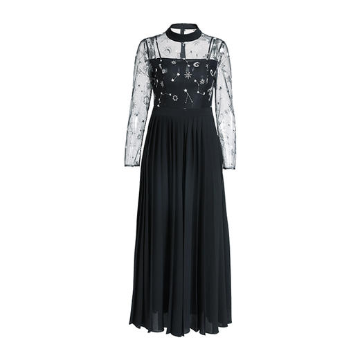 EITIE爱特爱女装初秋新款网纱绣花性感气质蓬蓬连衣裙长款黑C1907314 商品图4