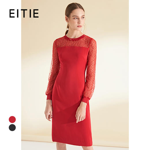 EITIE爱特爱女装初秋长袖红色网纱钉珠晚装小礼服连衣裙宴会6077705 商品图0