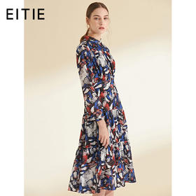 EITIE爱特爱女装秋季新款长袖收腰法式显瘦碎印花连衣裙长款6007701