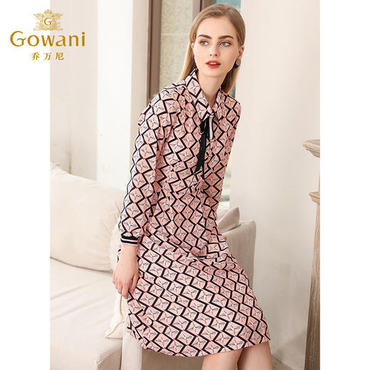 乔万尼秋装收腰显瘦气质粉色减龄印花长袖连衣裙中长款EN3E315 商品图2