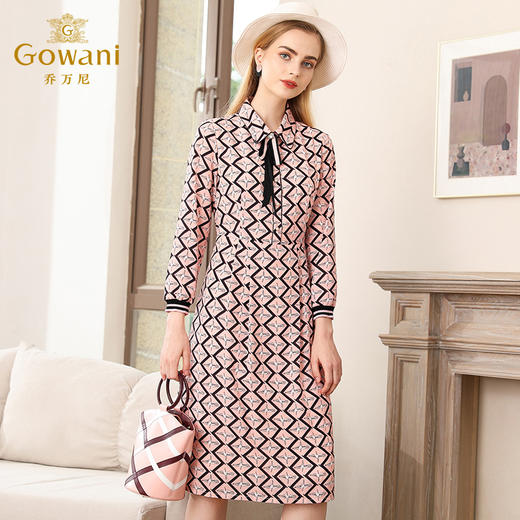 乔万尼秋装收腰显瘦气质粉色减龄印花长袖连衣裙中长款EN3E315 商品图1