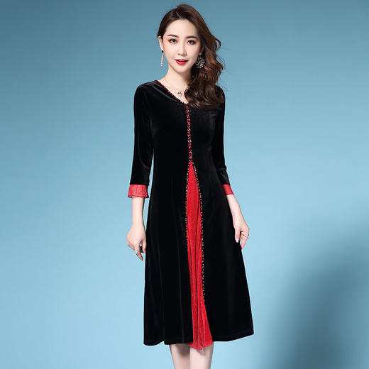 DYSL-Q5176新款气质拼色V领钉珠中长款大码连衣裙TZW 商品图1