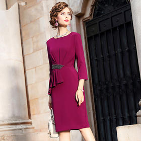 FMY-18775新款七分袖心机褶皱钉珠包臀裙