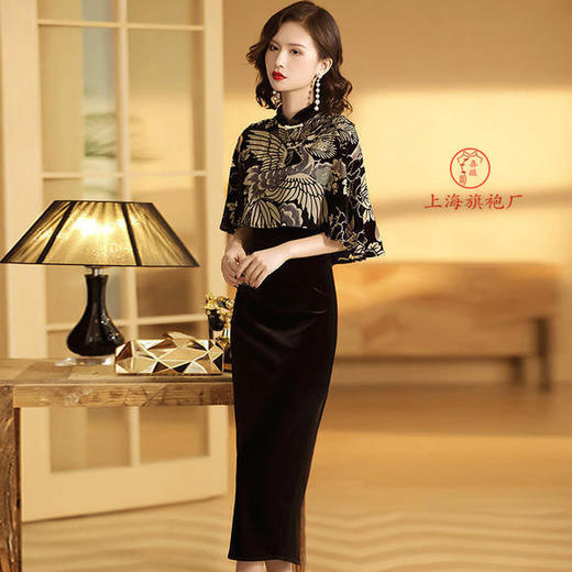 上海旗袍厂修身民国风，印花拼接斗篷立领旗袍裙AYK-QF190630 商品图1