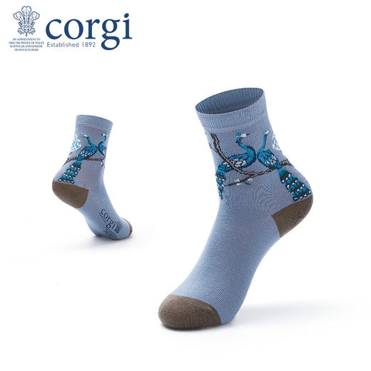 CORGI柯基英国进口女士脚裸袜青色底孔雀印花精梳棉薄款中筒袜JPY带授权招加盟代理 商品图1