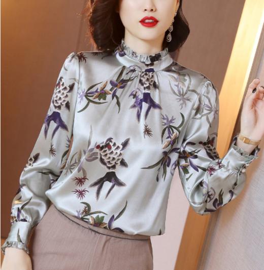 HT 6952 新款木耳边立领修身印花衬衣2019 商品图0