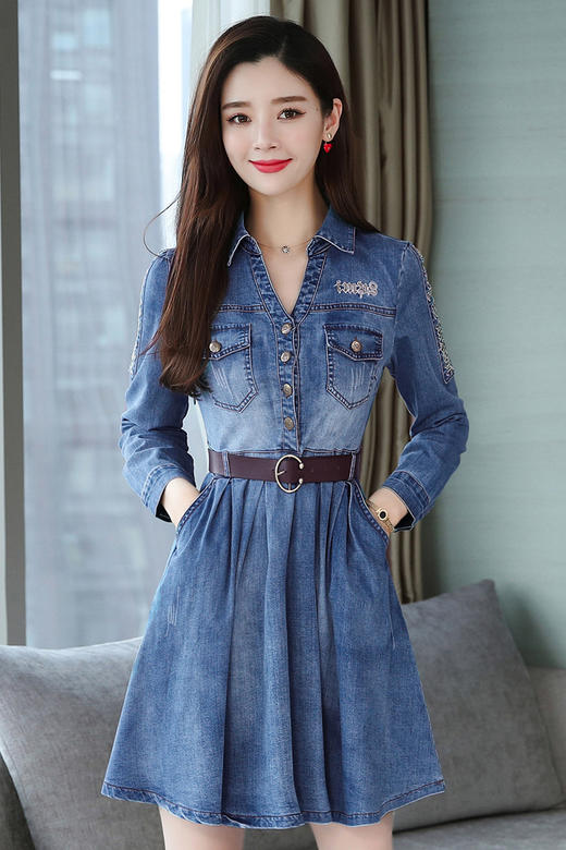 维多利亚复古裙女2019春装新款韩版中长款气质修身长袖牛仔连衣裙(配