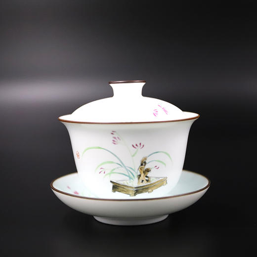 影青定窑手绘盖碗兰花G-3 商品图0