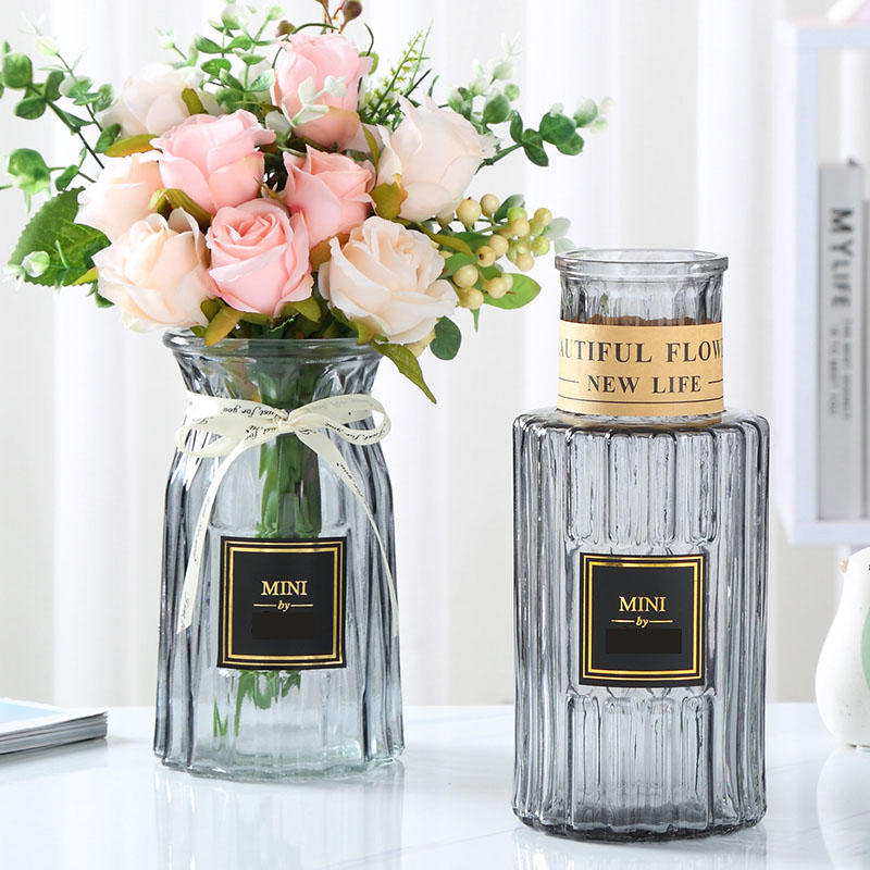 欧式玻璃花瓶二件套 玻璃花瓶欧式彩色透明百合富贵竹水培花瓶客厅插花摆件
