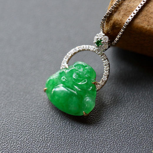 冰种阳绿满色翡翠弥勒佛18k白金钻石镶嵌 商品图1