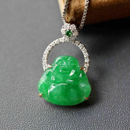 冰种阳绿满色翡翠弥勒佛18k白金钻石镶嵌 商品图2