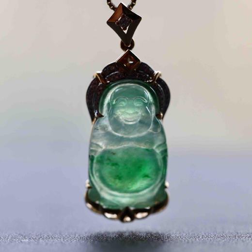 冰种阳绿俏色厚庄翡翠站佛18k黄金钻石镶嵌 商品图9