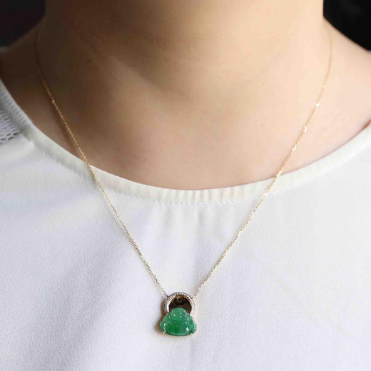高冰种阳绿翡翠弥勒佛锁骨链18k黄金钻石镶嵌 商品图8