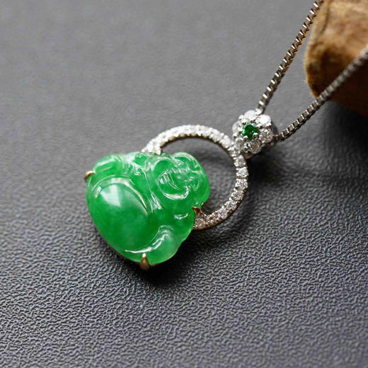 冰种阳绿满色翡翠弥勒佛18k白金钻石镶嵌 商品图3