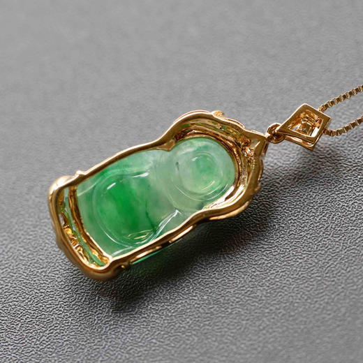 冰种阳绿俏色厚庄翡翠站佛18k黄金钻石镶嵌 商品图6