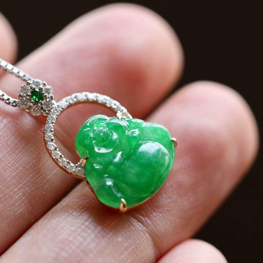 冰种阳绿满色翡翠弥勒佛18k白金钻石镶嵌 商品图7