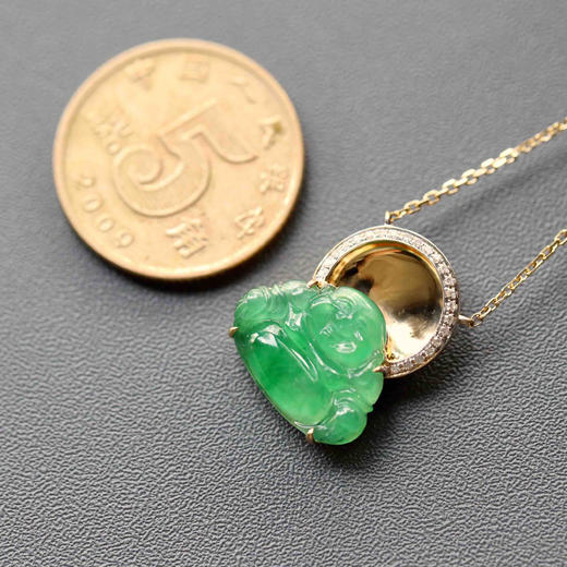 高冰种阳绿翡翠弥勒佛锁骨链18k黄金钻石镶嵌 商品图5