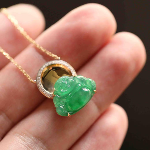 高冰种阳绿翡翠弥勒佛锁骨链18k黄金钻石镶嵌 商品图6