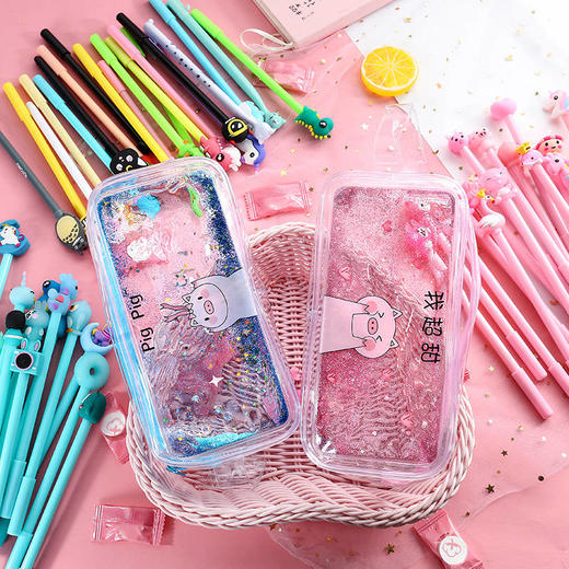 韩版抖音网红可爱少女心卡通中性笔   简约流沙笔袋 文具套装