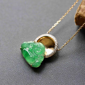 高冰种阳绿翡翠弥勒佛锁骨链18k黄金钻石镶嵌