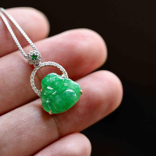 冰种阳绿满色翡翠弥勒佛18k白金钻石镶嵌 商品图6