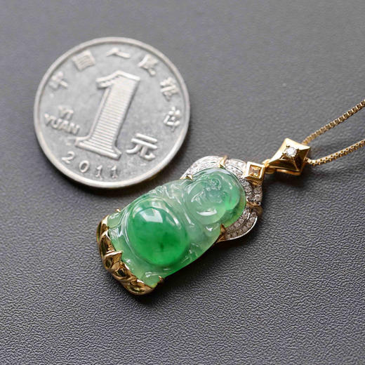 冰种阳绿俏色厚庄翡翠站佛18k黄金钻石镶嵌 商品图5