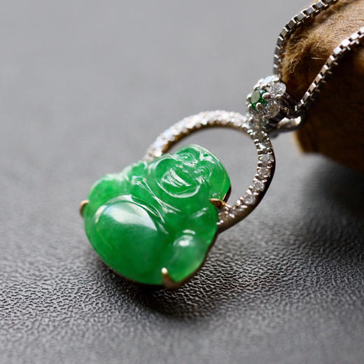 冰种阳绿满色翡翠弥勒佛18k白金钻石镶嵌 商品图0