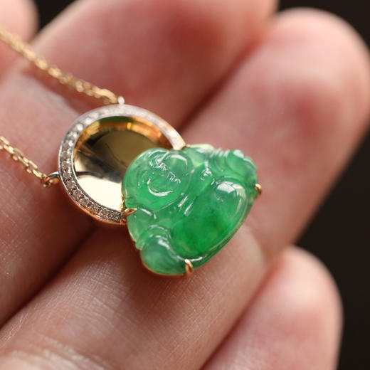 高冰种阳绿翡翠弥勒佛锁骨链18k黄金钻石镶嵌 商品图7