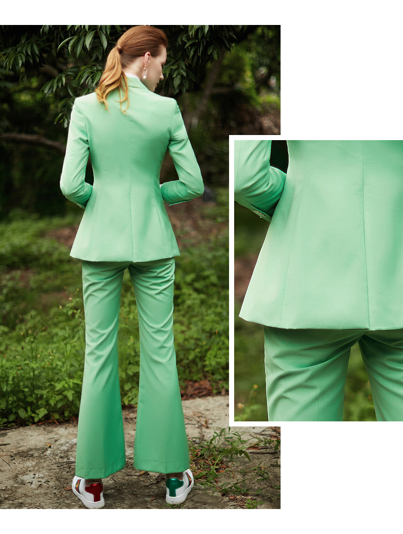 iwy时尚职业装女装清新绿色西服套装经典喇叭裤两件套修身正装cp9333