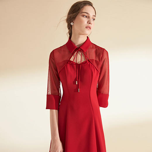 EITIE爱特爱秋季商场同款网纱拼接收腰宴会晚装礼服连衣裙红6077721 商品图3