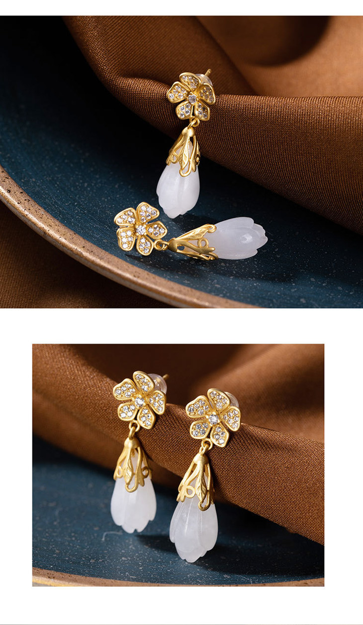 s925纯银镀金和田玉玉兰花耳饰cw001