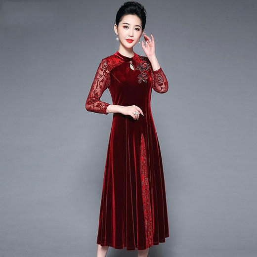 YZL-682新款欧美印花刺绣长袖圆领高腰套头铅笔中长款连衣裙TZW 商品图0