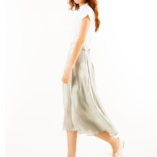 丁摩 进口记忆缎飘逸百搭褶皱裙子艾草绿时尚半身裙19-138DB149240531 商品图1