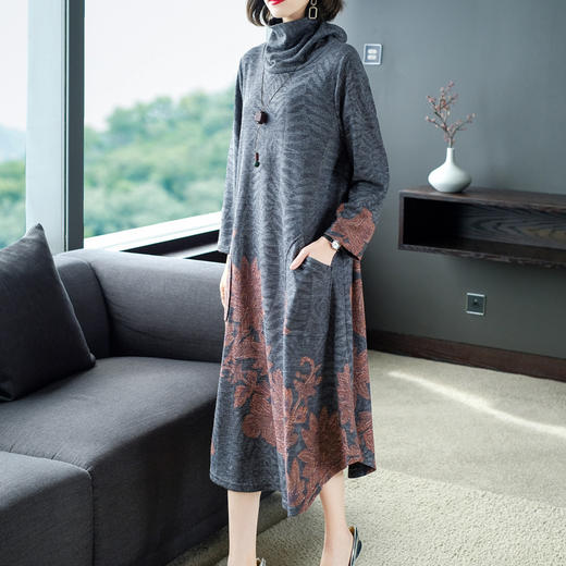 AHM-wjym9310新款气质优雅大码高领中长款显瘦收腰复古雪纺连衣裙TZW 商品图2