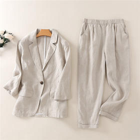 丁摩 气质显瘦西装棉麻女时尚休闲九分裤阔腿纯亚麻酵洗布柔软舒适西服套装19-133 DB399240531