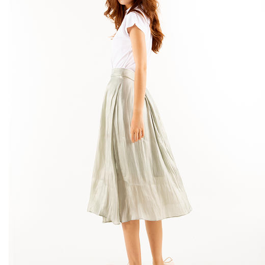 丁摩 进口记忆缎飘逸百搭褶皱裙子艾草绿时尚半身裙19-138DB149240531 商品图3