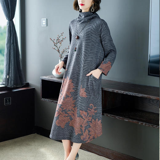 AHM-wjym9310新款气质优雅大码高领中长款显瘦收腰复古雪纺连衣裙TZW 商品图3