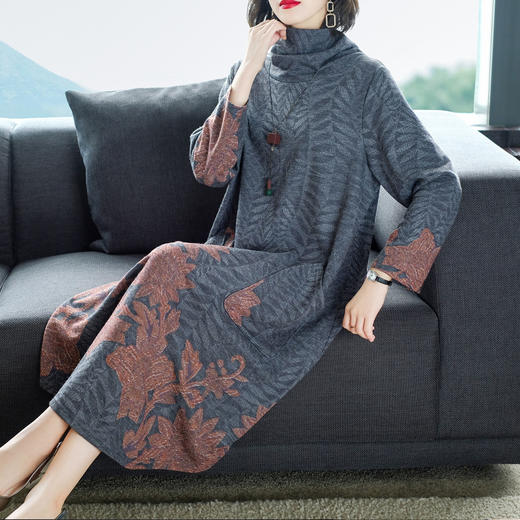 AHM-wjym9310新款气质优雅大码高领中长款显瘦收腰复古雪纺连衣裙TZW 商品图1