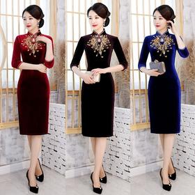 ZAYS-亮晶晶     金丝绒钉珠中长七分袖旗袍日常宴会礼服复古立领连衣裙旗袍