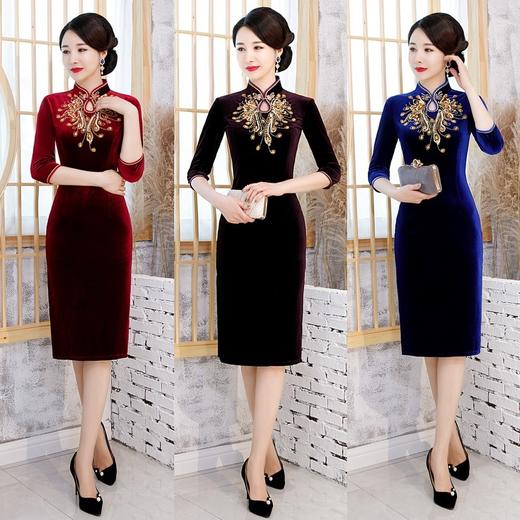 ZAYS-亮晶晶     金丝绒钉珠中长七分袖旗袍日常宴会礼服复古立领连衣裙旗袍 商品图0