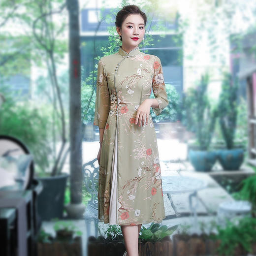 XGT-Q9309新式复古中国风中长款日常改良旗袍连衣裙 商品图0