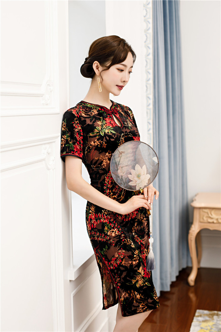 sky22253时尚改良烂花绒低领中长款旗袍