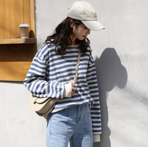 【服饰鞋包】秋季新款韩版宽松慵懒风chic圆领条纹休闲卫衣百搭上衣学生女 商品图3